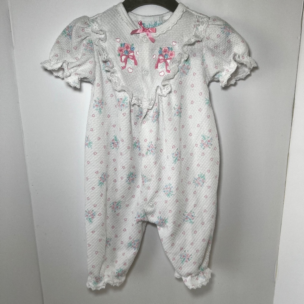 Vintage Babygro Pink Floral Waffle Knit Romper Cottagecore Lace Ruffle One Piece